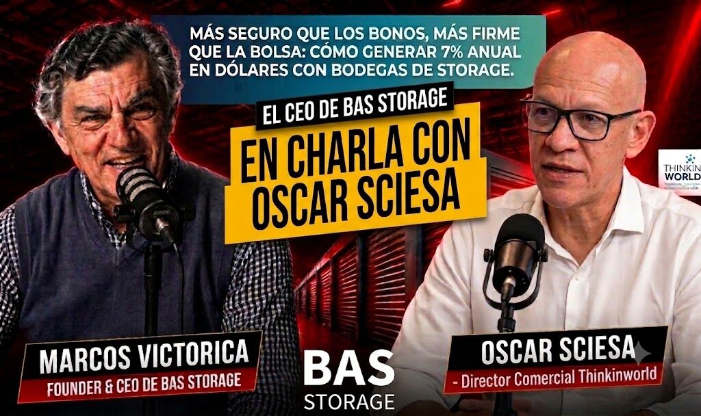 Two men speak into microphones in a bold, colorful interview thumbnail with Spanish headlines: 'En charla con Oscar Sciesa' and banners for Marcos Victorica and Oscar Sciesa.